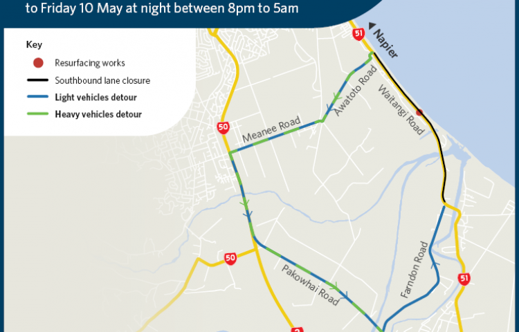 Detour for Napier Hastings SH51 southbound lane closure next week
