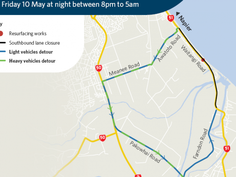 Detour for Napier Hastings SH51 southbound lane closure next week