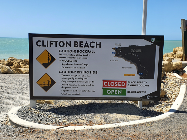New signage at Clifton Beach as Cape Kidnappers risk assessment work continues